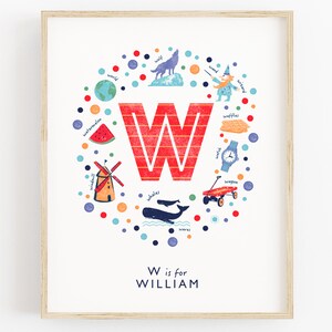 Impresión de nombre personalizada, impresión de la letra W, arte de pared personalizado para niños, impresión de nombre de niño, impresión de bebé niño, regalo de bautizo, lunares múltiples, lunares azules
