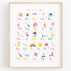 Impresión del alfabeto para niñas, póster del alfabeto, arte de pared para guardería, arte para habitación de niños, impresión para niña, letras mayúsculas y minúsculas, se puede personalizar