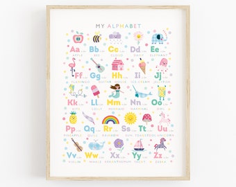 Girls Alphabet Print, Personalised Pink ABC Poster, Cute Nursery Wall Art, Educational Kids Room Decor