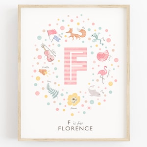 Impresión de bebé nuevo, arte de pared personalizado para guardería, impresión con la letra F, decoración para guardería de niña pequeña, regalo rosa para guardería de niña recién nacida