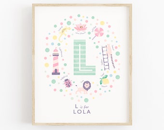 Letter L Nursery Wall Art, Personalised Baby Girl Name Print, Custom Girls Name Sign