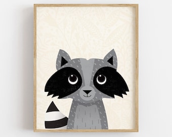 Raccoon Nursery Print, Woodland Animals Nursery Print, Cute Animal Print, Perfect for Woodland Nursery