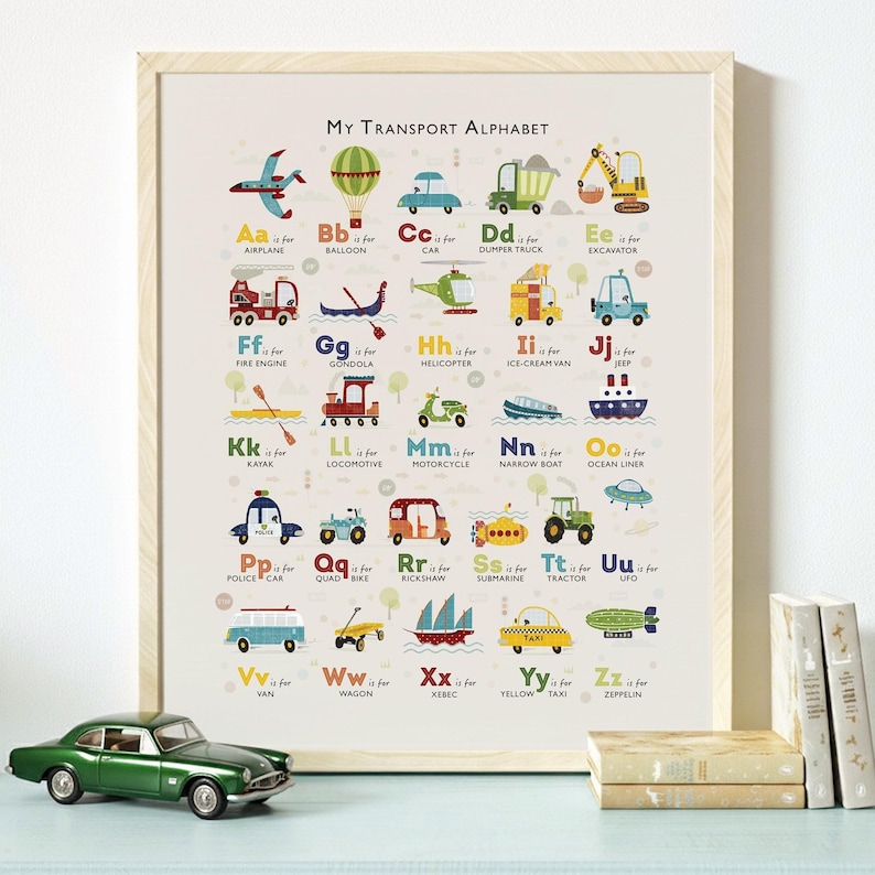 Transport Alphabet Druck, Personalisierte Jungen ABC Poster, Junge Kinderzimmer Drucke, Kinder Fahrzeug Poster, ungerahmt Bild 5