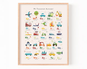 May include: A framed educational poster titled My Transport Alphabet featuring colorful illustrations of various vehicles corresponding to each letter from A to Z, including an airplane, balloon, car, dumper truck, excavator, and more.