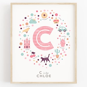 Impresión personalizada con nombre inicial para guardería, arte de pared con la letra C, decoración para habitación de niñas en rosa y verde menta