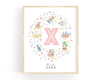 Letter X Personalised Initial Print: Baby Girl Nursery Decor & Child's Wall Art