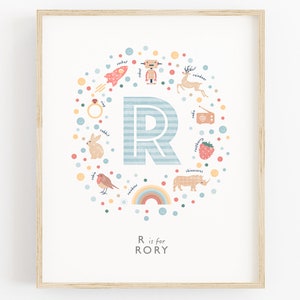 Impresión de guardería para niños con la letra R, impresión artística ilustrada con la letra R, regalo personalizado para bebé, regalo para ceremonia de nombramiento, R es para cohete,