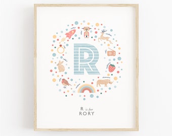Impression de chambre d'enfant pour garçons lettre R, impression d'art lettre R illustrée, cadeau personnalisé pour bébé, cadeau de cérémonie de baptême, R est pour fusée,