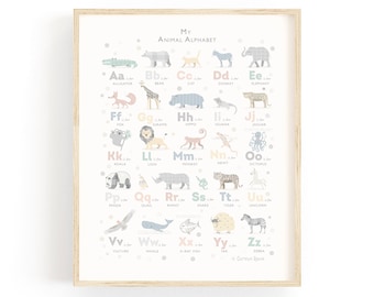 Animal Print, Safari Animal Alphabet print, Neutral Nursery decor, Nursery wall art, Perfect Birthday Gift, Alphabet art print in Soft Greys