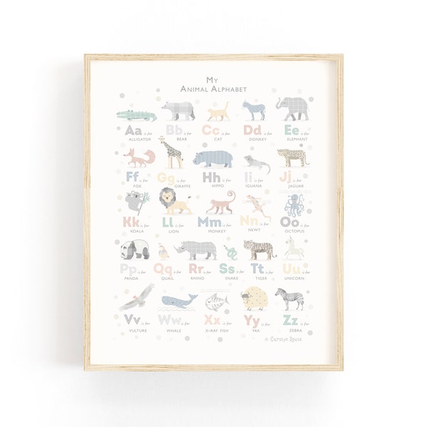 Safari Animal A-Z Print: Grey Neutral Nursery Decor