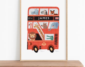 Personalised Red London Bus Name Print for Kids' Room, Nursery & Playroom Decor