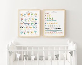 Transport Alphabet & Numbers Print Set: Vehicle Nursery Decor (Set of 2)