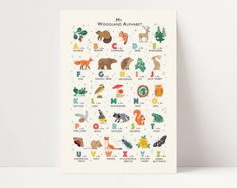 Woodland ABC Print for Nature Theme Nursery, Personalised Kid's Alphabet Poster, Woodland Nursery Decor, Perfect 1st Birthday Gift