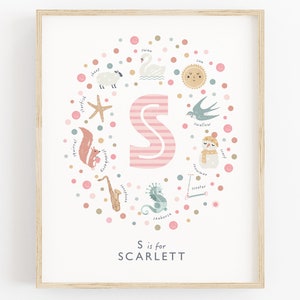 Placa de nome de berçário com letra S, arte de parede personalizada, decoração de berçário para meninas, presente de batizado