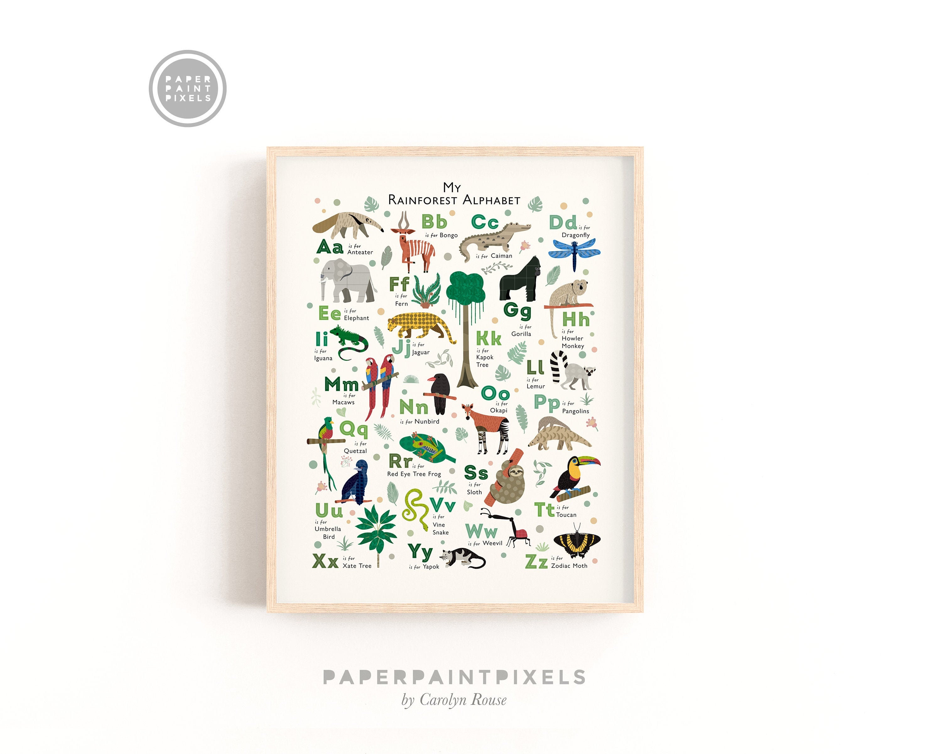 rainforest alphabet art print tropical jungle animal