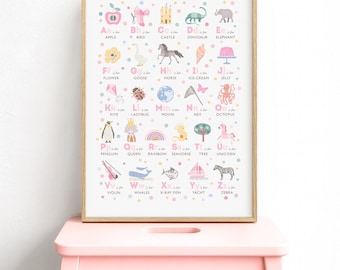 Pink Alphabet Print, Blush Playroom Decor, Nursery Wall Art, Heirloom Baby Girl A-Z Poster,