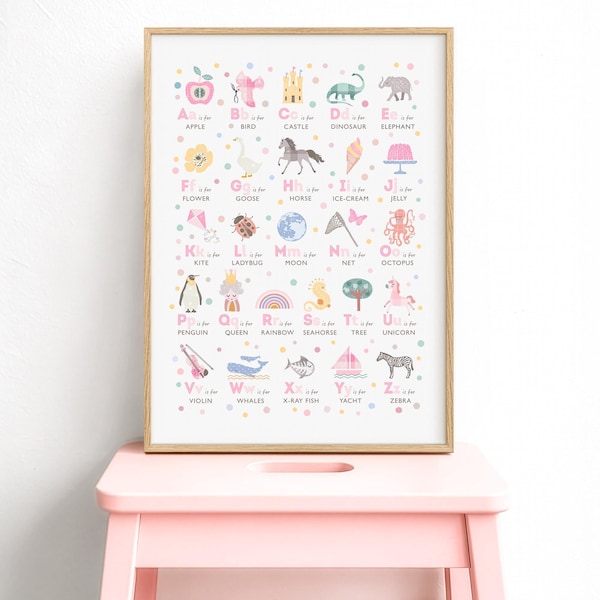 Pink Alphabet Print, Blush Playroom Decor, Nursery Wall Art, Heirloom Baby Girl A-Z Poster,