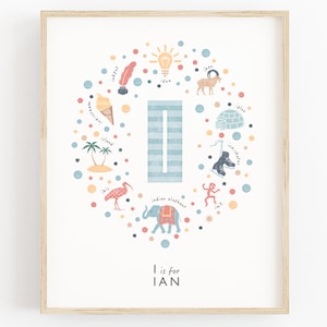 Impresión personalizada de la letra I, iniciales de bebé para la habitación de los niños, ideas de decoración para bebés varones, impresión artística para la habitación de los niños, azul suave