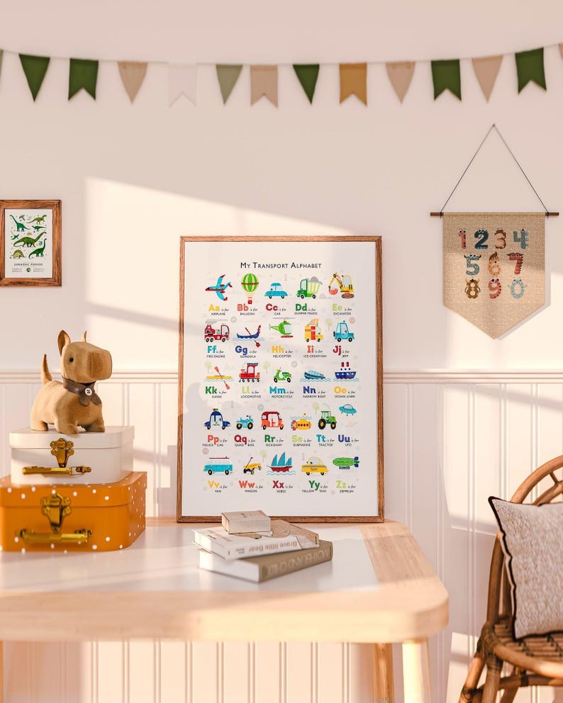 Transport Alphabet Print Displayed in Childrens Bedroom Decor PaperPaintPixels