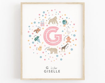 Personalised Letter G Nursery Art, Baby Girl Nursery Decor, Pink Wall Art, G is for Giraffe, Pastel Nursery Decor