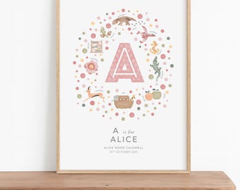 Floral Letter A Print & Dusty Pink Wall Art: Personalised Name Sign for Baby Girl Nursery