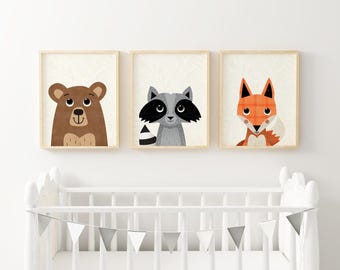 Woodland Nursery Prints, Bear, Fox, Racoon Art, Set of 3