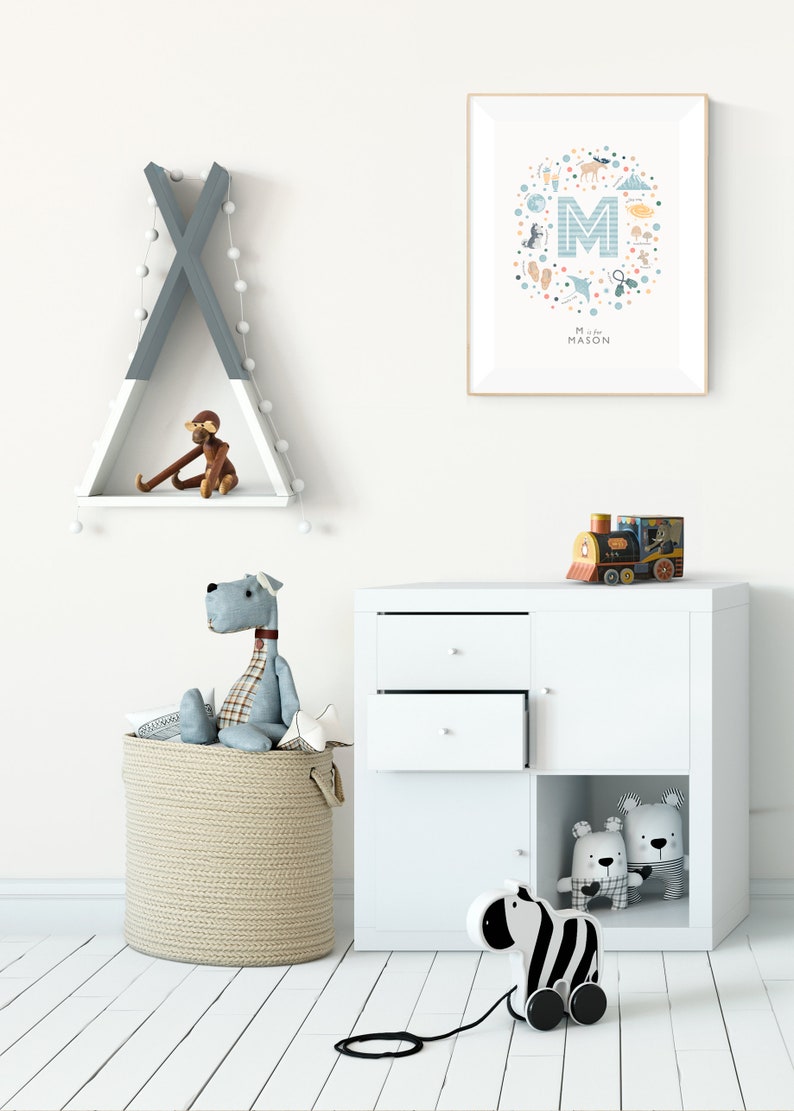 Initial Letter M, Personalised Nursery Print, Baby Boy Wall Art, Custom Boys Name Sign, Boys Nursery Decor image 5