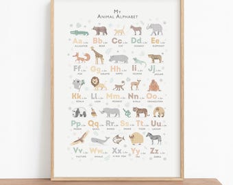 Safari Animal Alphabet Print — Neutral Jungle Wall Art for Baby & Kids Rooms