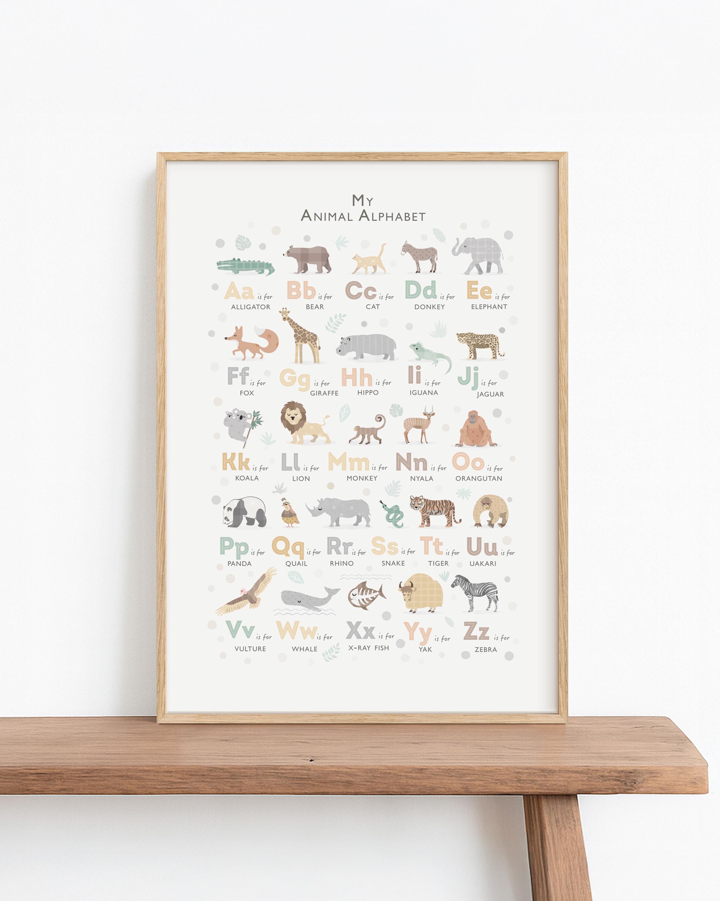 Safari Animal Alphabet Print — Neutral Jungle Wall Art for Baby