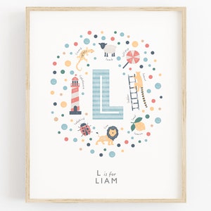 Letra inicial L, arte de pared para bebé niño, impresión personalizada para habitación infantil, letrero con nombre personalizado para niño, decoración para habitación infantil.