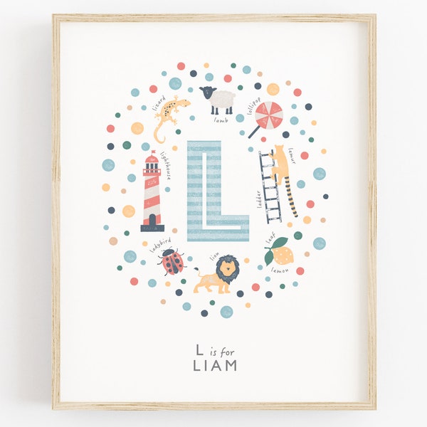 Initial Letter L, Baby Boy Wall Art, Personalised Nursery Print, Custom Boys Name Sign, Boys Nursery Decor