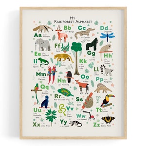 Impresión artística del alfabeto de la selva tropical, arte de pared para guardería con animales de la selva tropical, decoración para habitación infantil, regalo perfecto para el primer cumpleaños