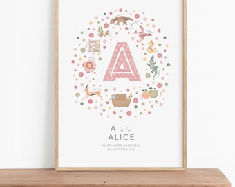 Floral Letter A Print & Dusty Pink Wall Art: Personalised Name Sign for Baby Girl Nursery