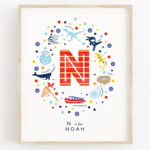 Lámina infantil con la letra N, ideas de arte mural infantil, lámina con la inicial, lámina personalizada con el nombre del niño, decoración infantil, regalo para baby shower, lunares