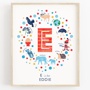 Impresión ilustrada de la letra E, impresión de monograma para bebé, póster con nombre de niño, arte de pared personalizado para niño, decoración de guardería para bebé niño, arte de pared con letras