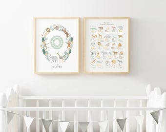 Personalized Safari Animal Nursery Prints: Alphabet & Name Sign, Set of 2