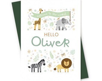 Personalized Safari New Baby Card: Jungle Animals, Hello Little One