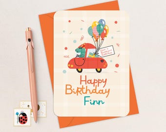 Personalised Dinosaur Birthday Card , Funny Dino Driving Design