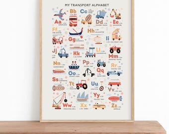 Vehicle Alphabet Poster – A–Z Transport Wall Art for Kids Nursery or Playroom