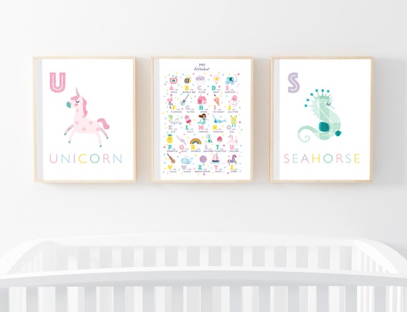 Kawaii Alphabet Art Prints: Pastel Nursery Decor, Set of 3