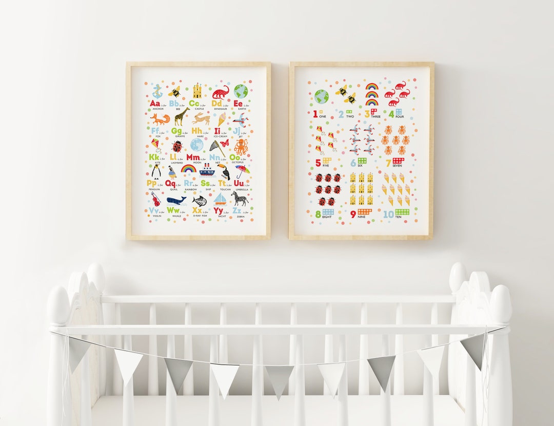 Set di stampe per la cameretta dei bambini con alfabeto e numeri