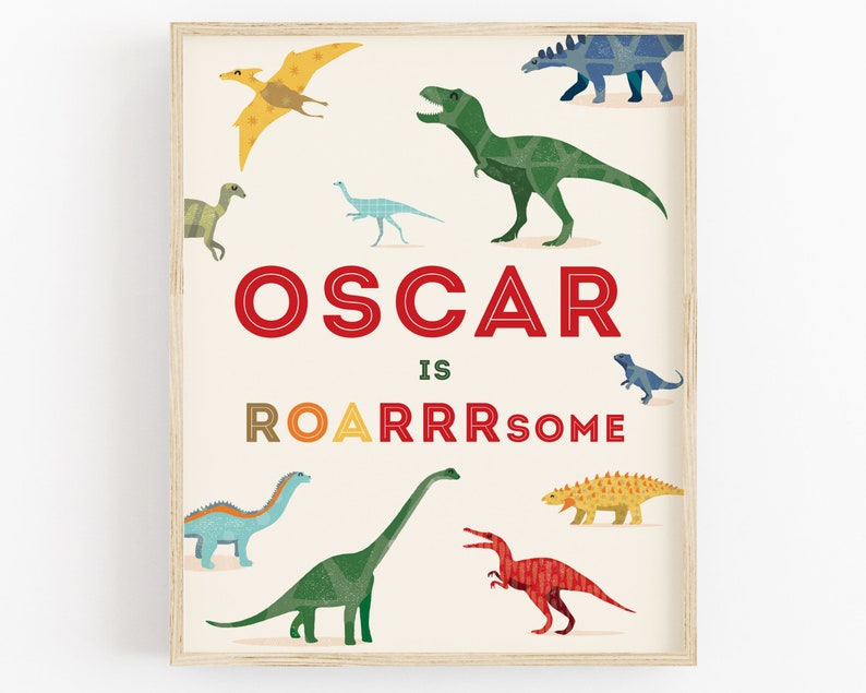 Personalised Dinosaur Wall Art, Dinosaur Nursery Print, Dinosaur Birthday Gift Idea image 1