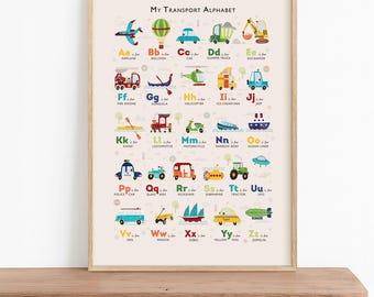 Transport Alphabet Druck, Personalisierte Jungen ABC Poster, Junge Kinderzimmer Drucke, Kinder Fahrzeug Poster, ungerahmt