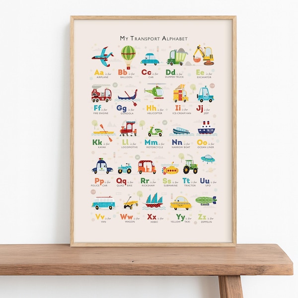 Impresión del alfabeto de transporte, póster personalizado del alfabeto para niños, decoración de guardería para niños, póster de vehículos para niños, sin marco