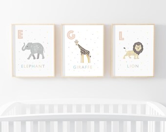 Safari Animal Nursery Art Prints: Elephant, Giraffe, Lion