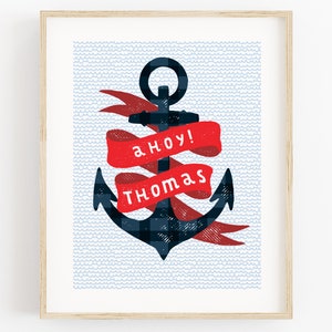 Personalised Nautical Nursery Print, Ahoy Sailor Wall Art, Anchor Decor, Navy and Red Print imagem 1