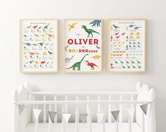 Personalized Dinosaur Nursery Art Print Set: Alphabet & Numbers