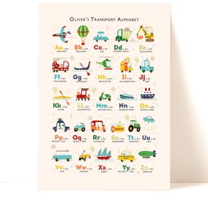 Póster del alfabeto de transporte, regalo para niños pequeños, póster personalizado del alfabeto de vehículos, arte de pared para guardería, decoración de habitación de niños, impresión de aprendizaje para niños