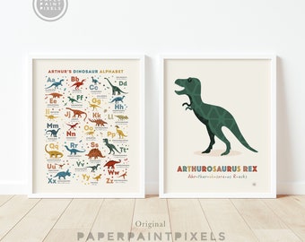 Personalised Dinosaurs Prints, Alphabet Poster & Dinosaur Name Art Print Set, Personalized Gift for Kids, Set of 2 Prints