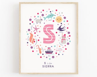 Letter S Name Art, Personalised Print, Nursery Wall Art, Baby Girl Gift Idea